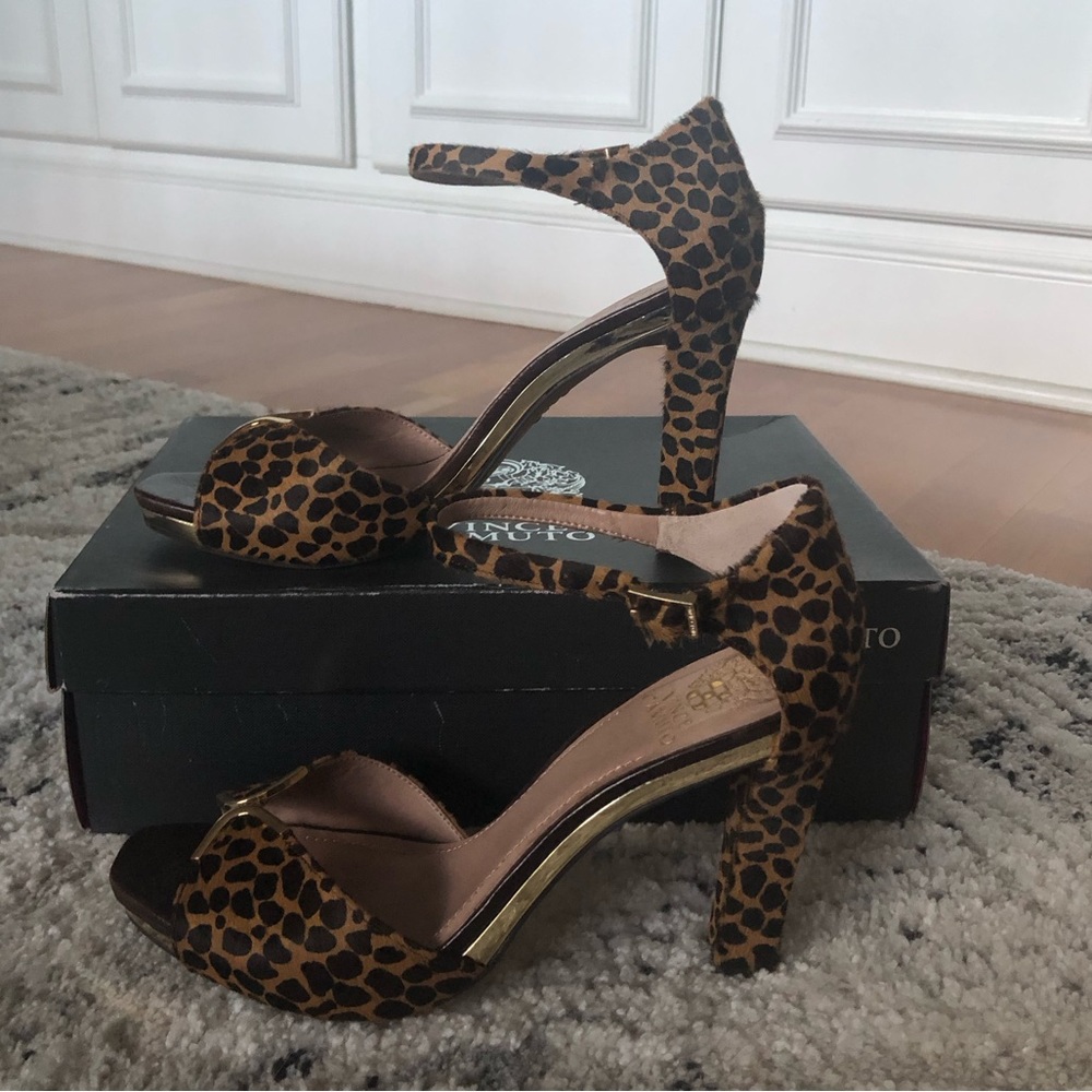 Vince Camuto Leopard Print Ankle Strap High Heels